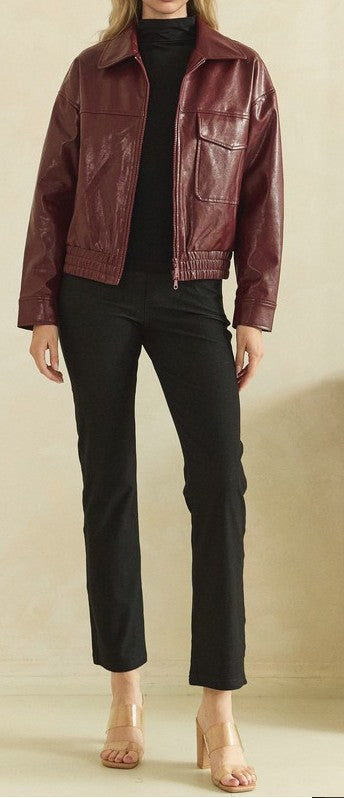 Women's Faux Leather Zip-Front Jacket – Burgundy