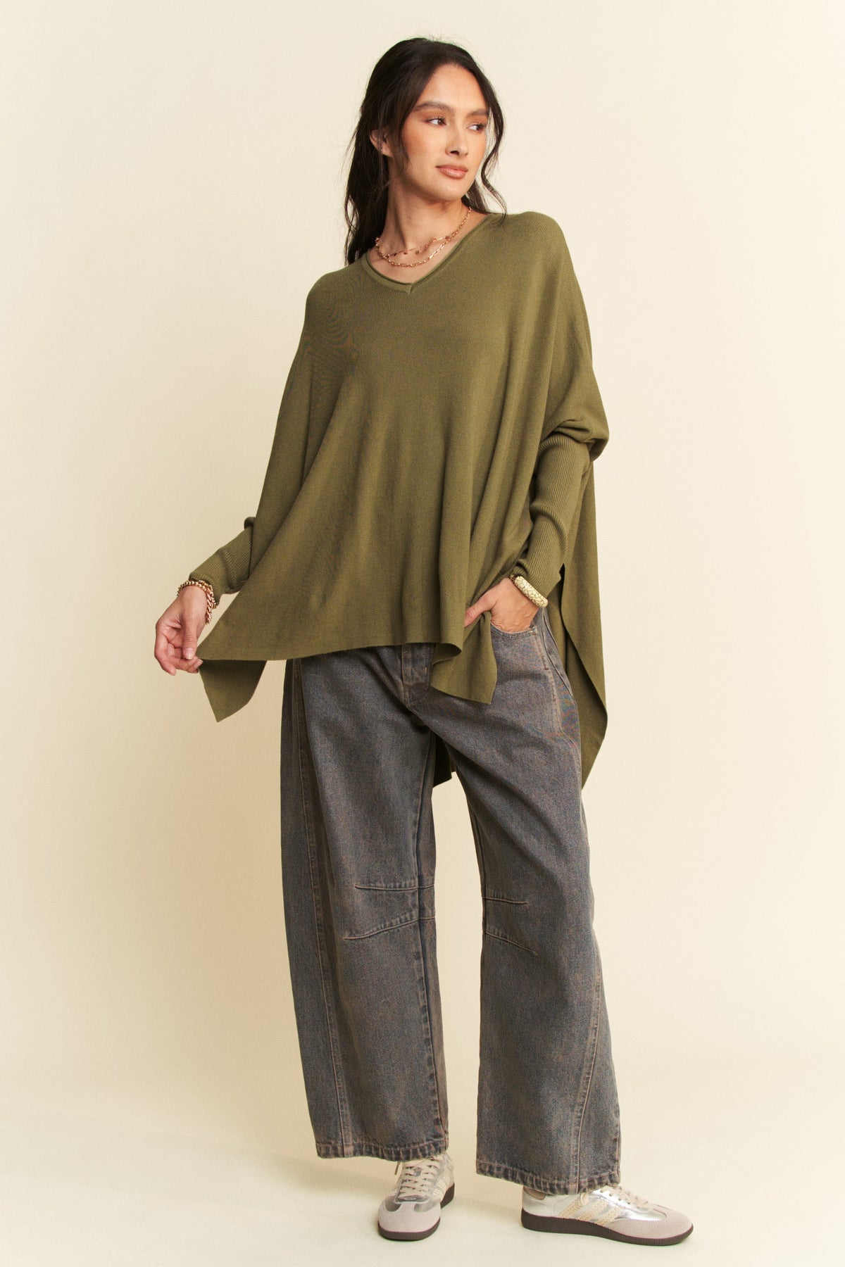 Davi & Dani Olive Oversized High-Low Side Slit Knit Top