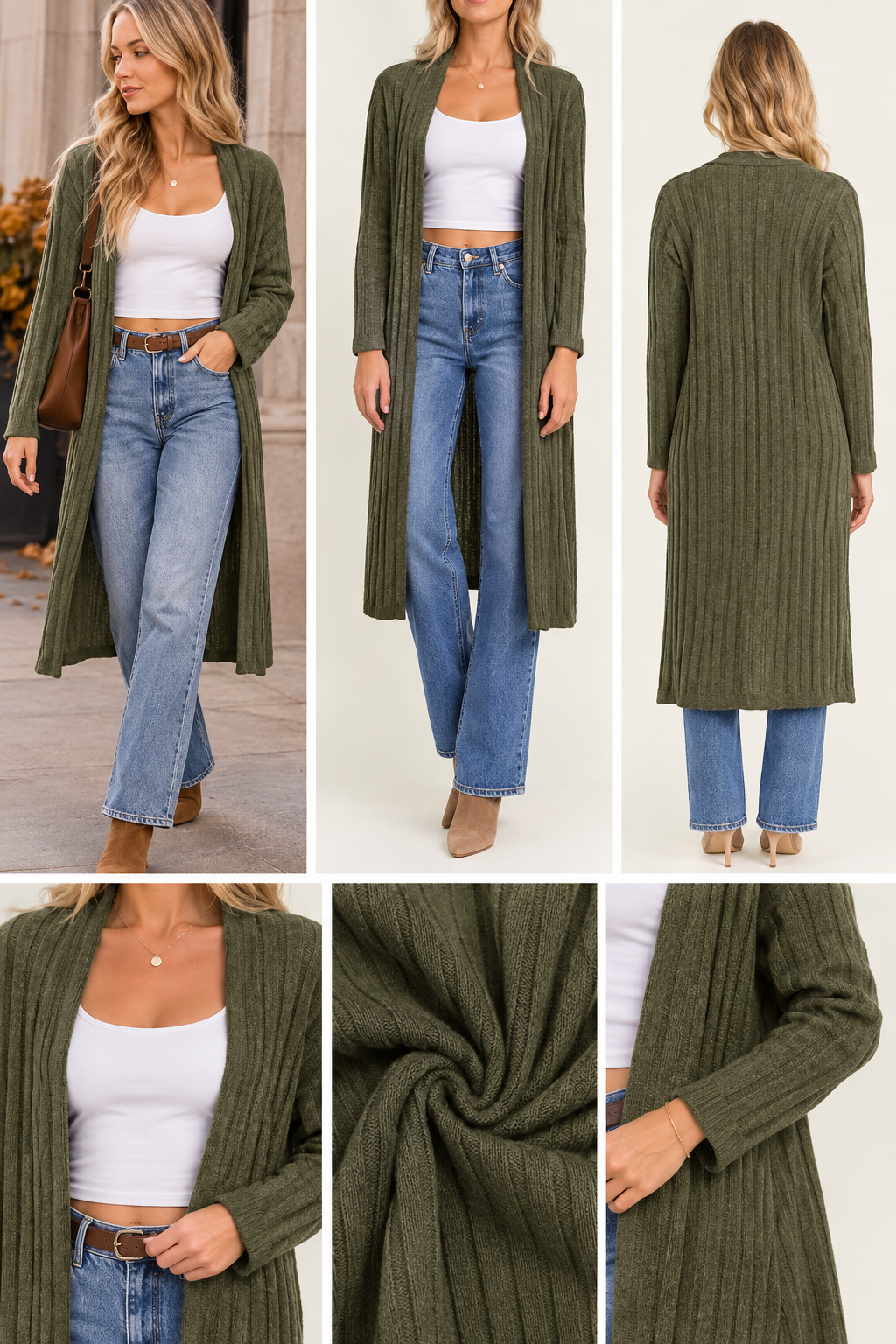 Open Front Ribbed Longline Cardigan – Olive