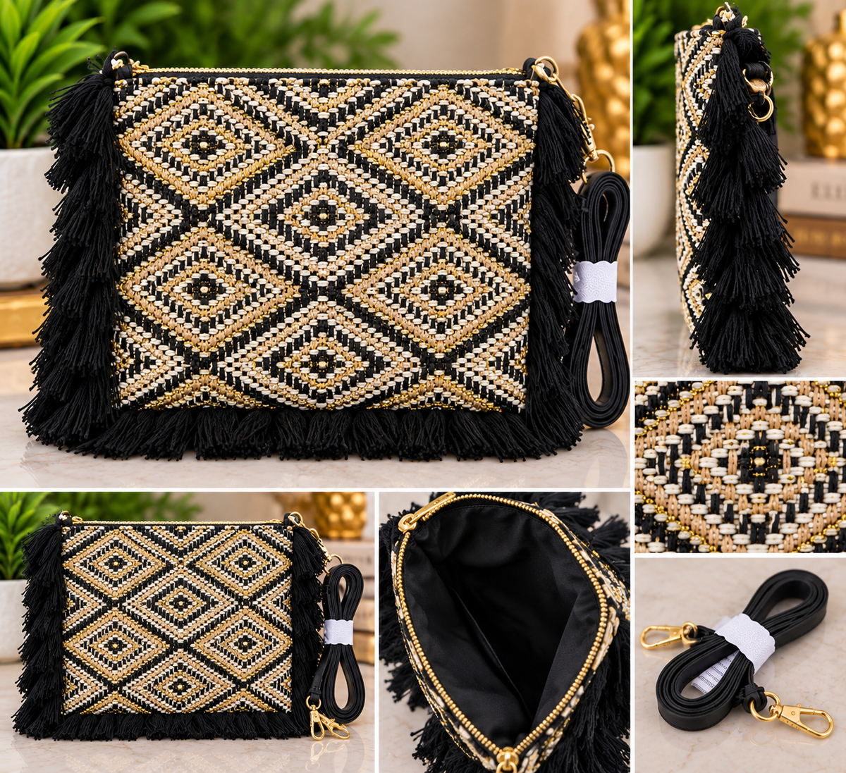 Geometric Woven Fringe Crossbody Bag – Cream & Black Options