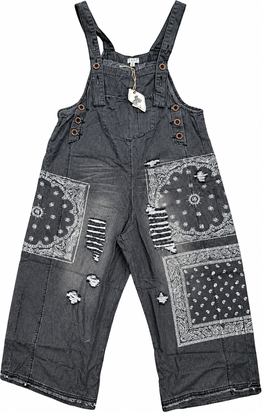 Easel distressed paisley patchwork charcoal denim overalls front flat lay