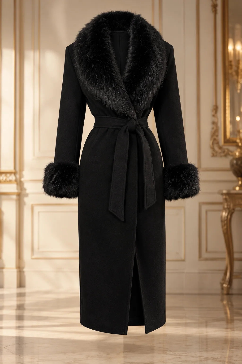 The Heiress Faux Fur-Trim Belted Midi Coat