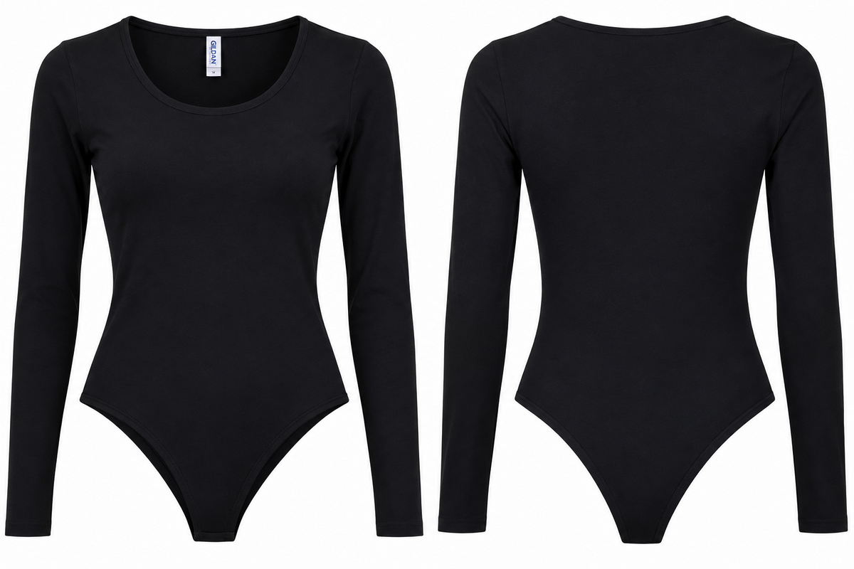 Black long sleeve scoop neck bodysuit front and back product view