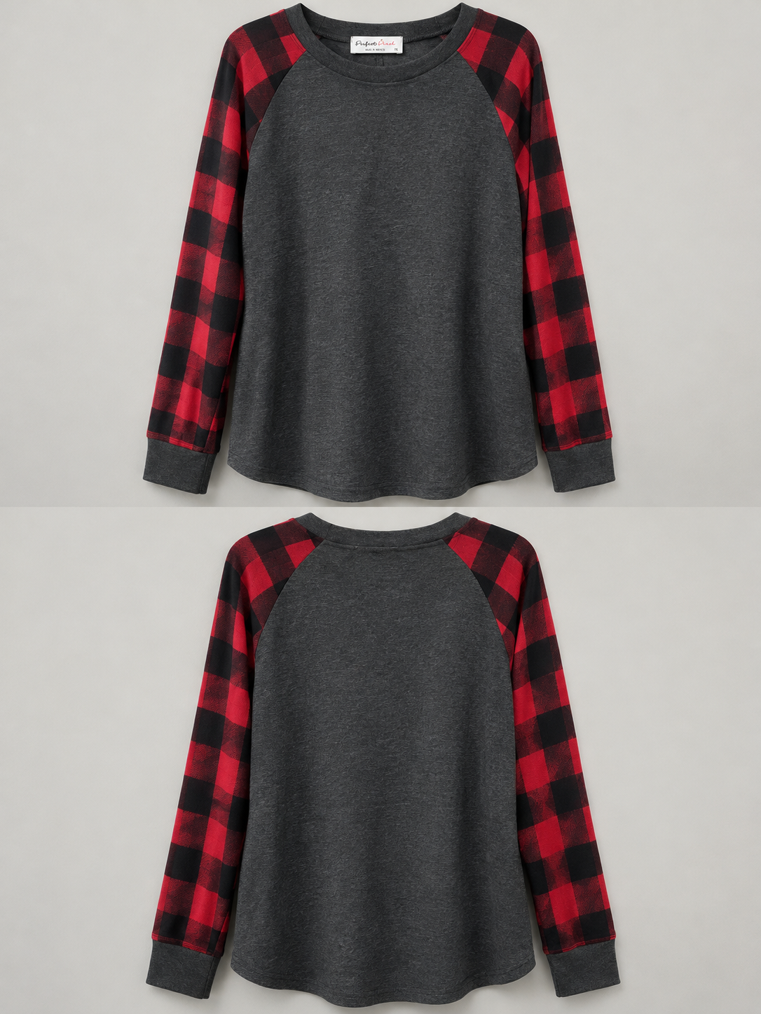 Perfect Peach buffalo plaid raglan top product front and back