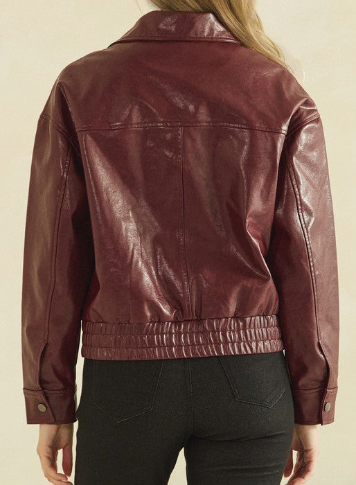 Women's Faux Leather Zip-Front Jacket – Burgundy