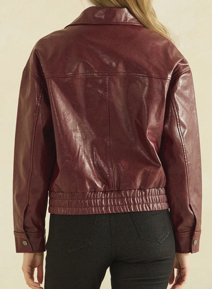 Women's Faux Leather Zip-Front Jacket – Burgundy
