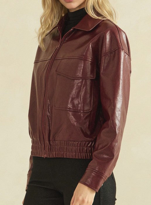 Women's Faux Leather Zip-Front Jacket – Burgundy