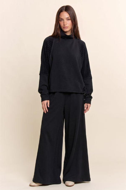 Davi & Dani Mixed Media Mock Neck Top & Pants Set – Black
