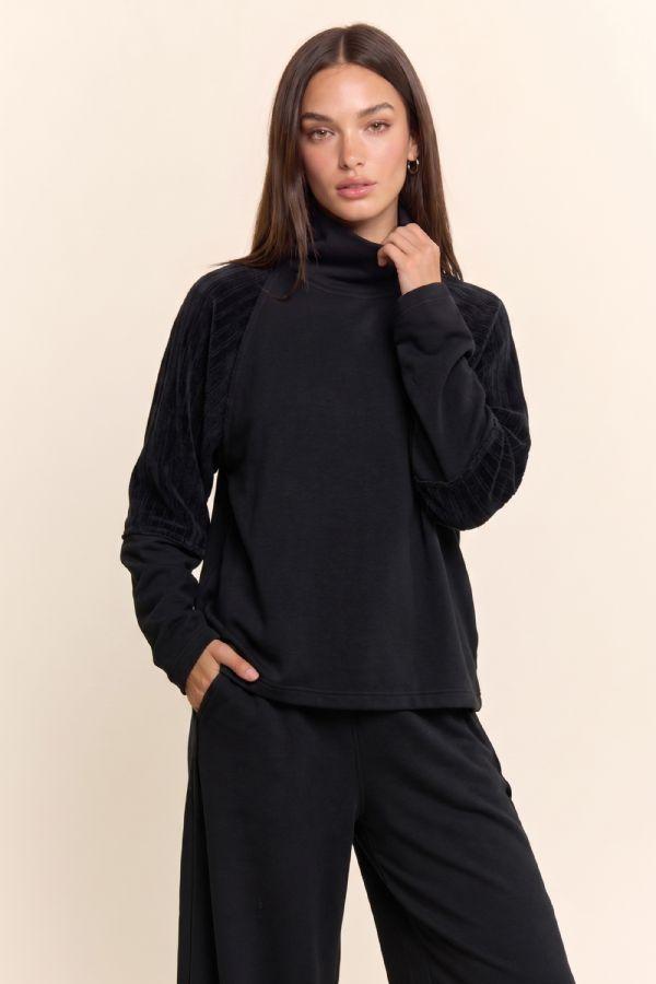 Davi & Dani Mixed Media Mock Neck Top & Pants Set – Black