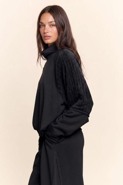 Davi & Dani Mixed Media Mock Neck Top & Pants Set – Black