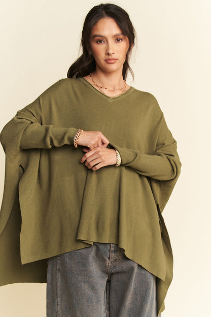 Davi & Dani Olive Oversized High-Low Side Slit Knit Top
