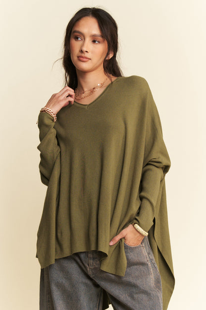 Davi & Dani Olive Oversized High-Low Side Slit Knit Top