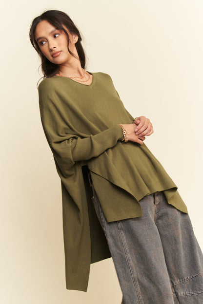 Davi & Dani Olive Oversized High-Low Side Slit Knit Top