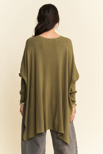 Davi & Dani Olive Oversized High-Low Side Slit Knit Top
