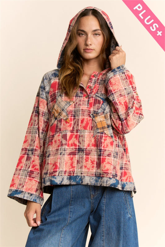 Davi & Dani Plus-Size Air-Sprayed Tie-Dye Plaid Hooded Pullover – Red Multi