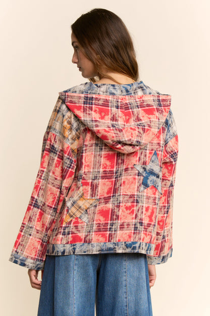 Davi & Dani Plus-Size Air-Sprayed Tie-Dye Plaid Hooded Pullover – Red Multi
