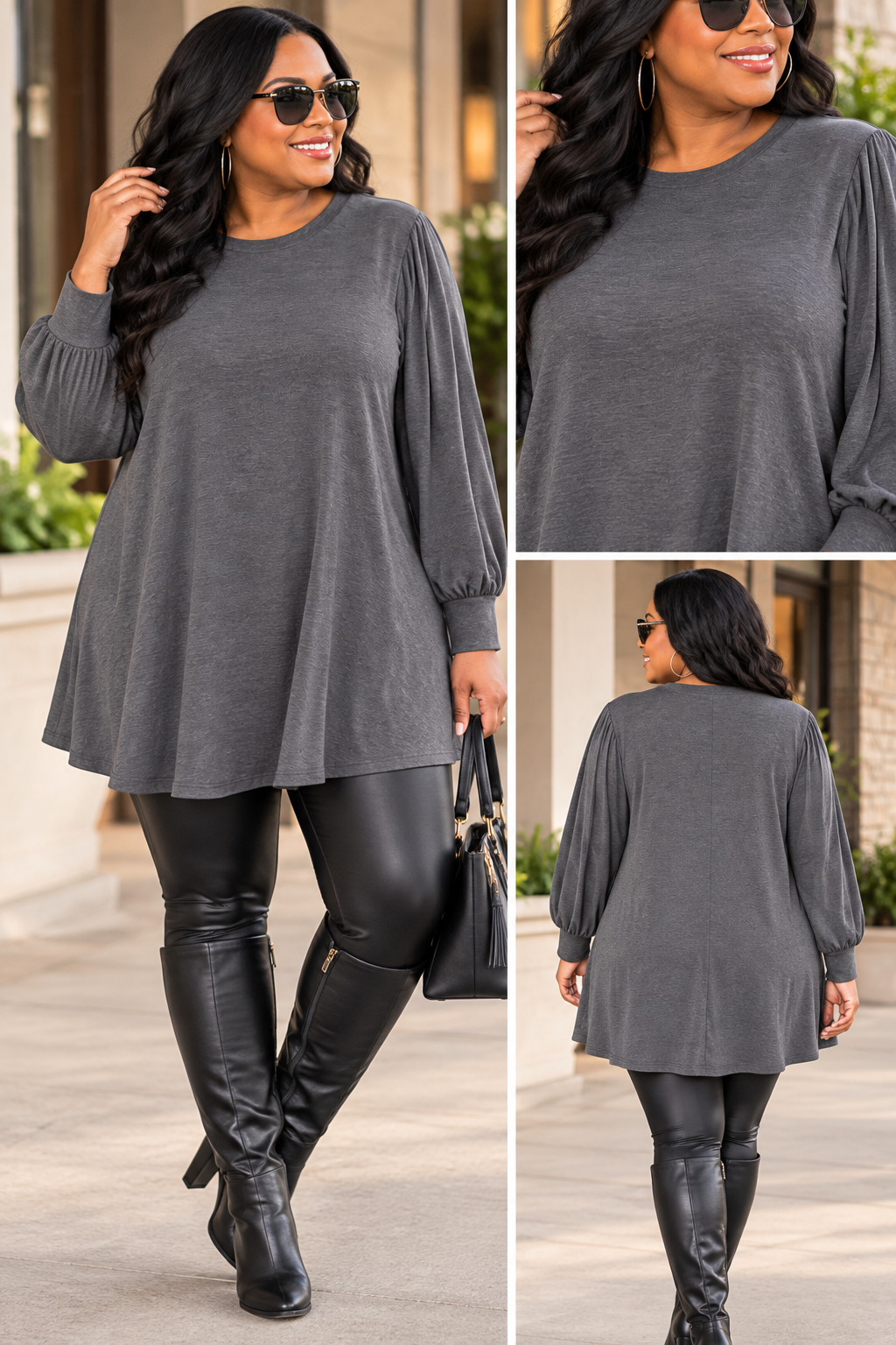 Charcoal swing dress styled with leggings