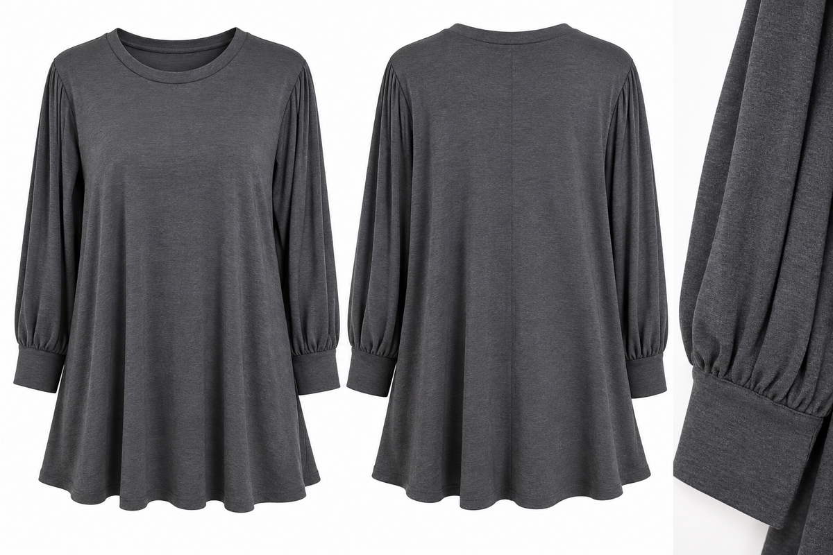 Front back and cuff details of charcoal swing dress