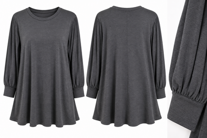 Front back and cuff details of charcoal swing dress