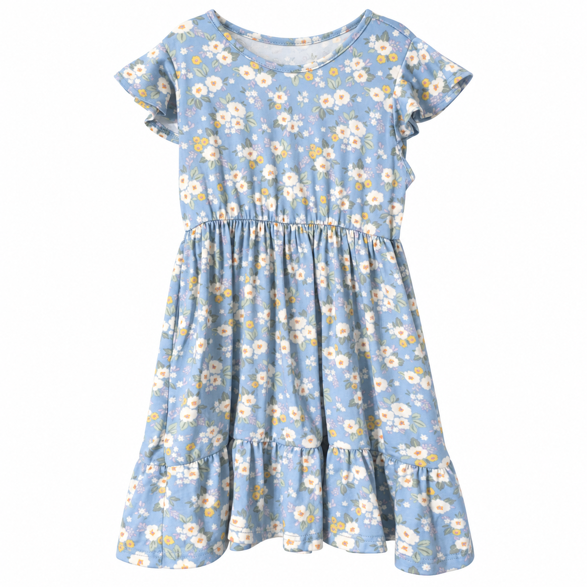 Girls' Blue Floral Flutter Sleeve Tiered Dress – 4T