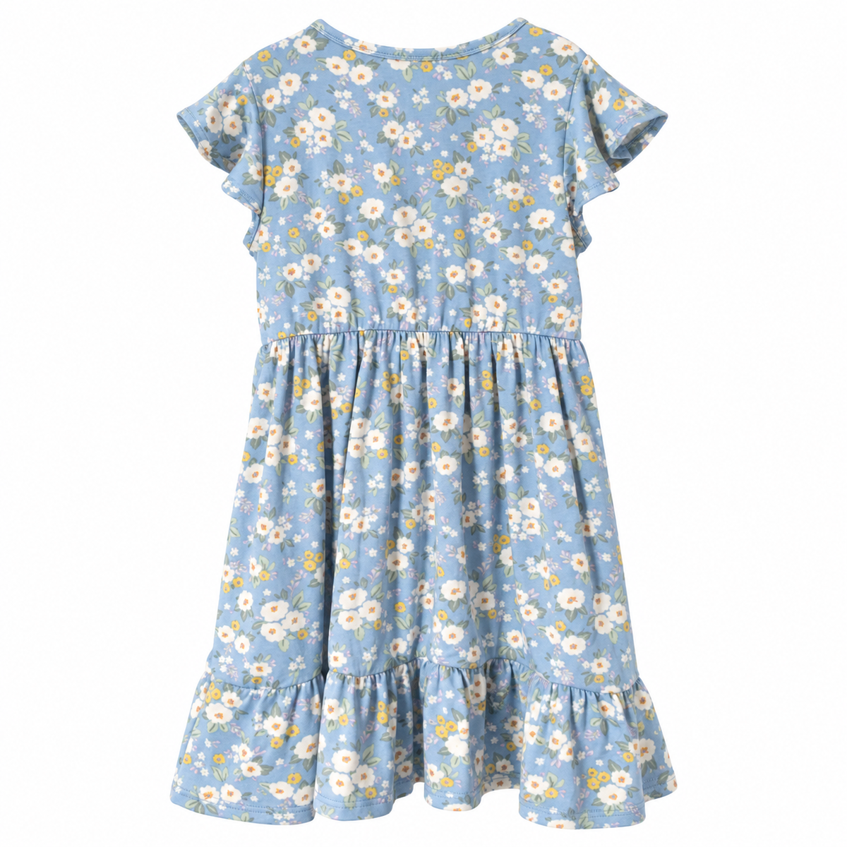 Girls' Blue Floral Flutter Sleeve Tiered Dress – 4T