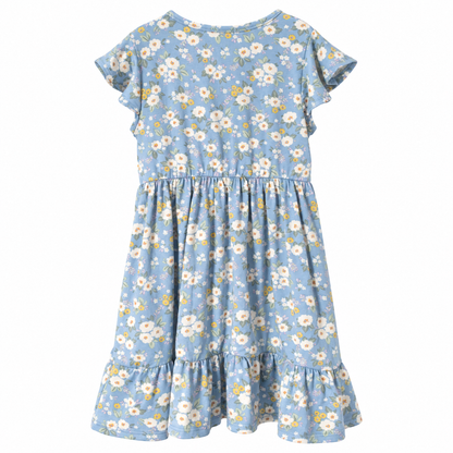 Girls' Blue Floral Flutter Sleeve Tiered Dress – 4T