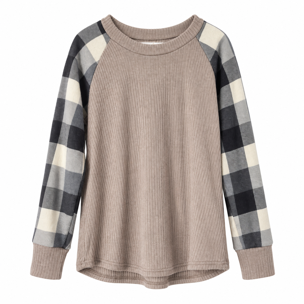 Perfect Peach Girls' Plaid Raglan Long-Sleeve Top – Beige/Gray – 4T