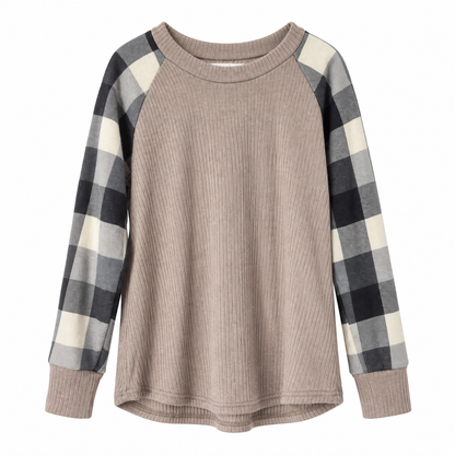Perfect Peach Girls' Plaid Raglan Long-Sleeve Top – Beige/Gray – 4T