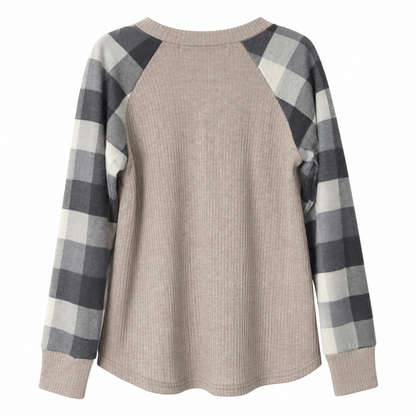 Perfect Peach Girls' Plaid Raglan Long-Sleeve Top – Beige/Gray – 4T