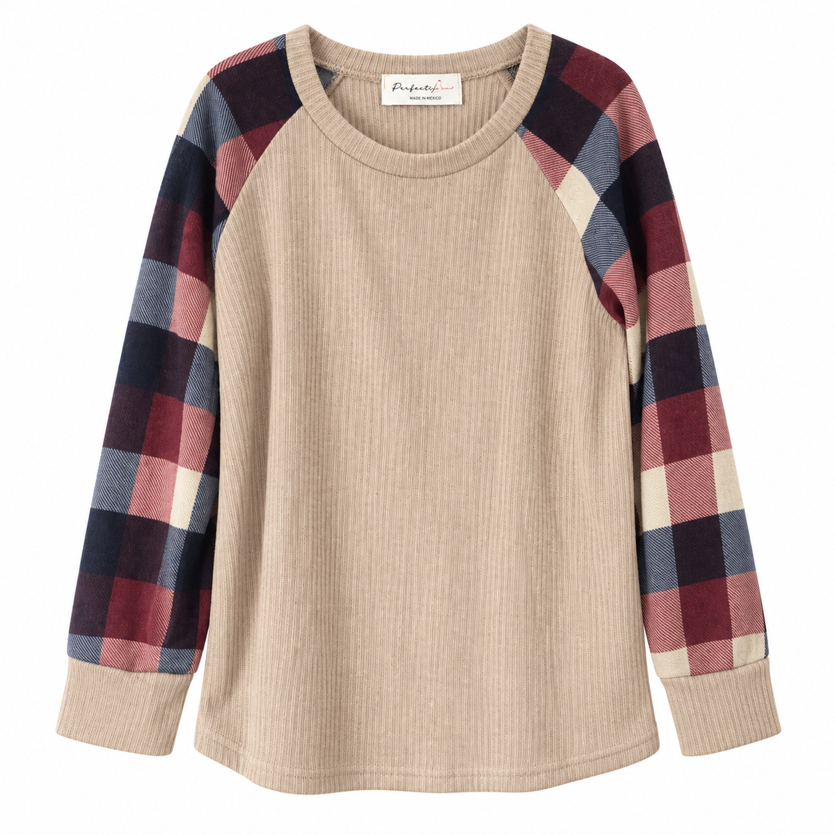 Perfect Peach Girls' Plaid Raglan Long-Sleeve Top – Beige/Burgundy – 4T