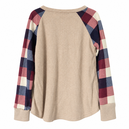 Perfect Peach Girls' Plaid Raglan Long-Sleeve Top – Beige/Burgundy – 4T