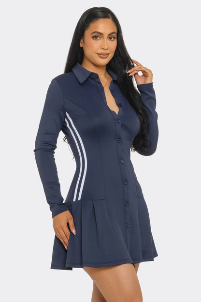 Navy collared pleated mini dress front detail