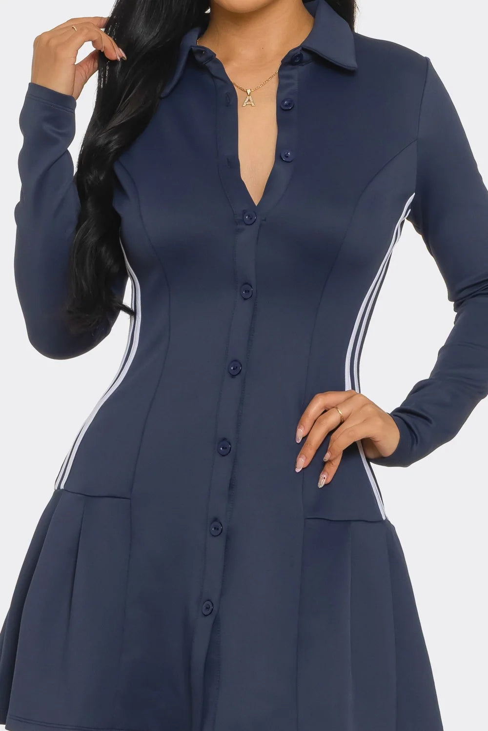 Navy collared pleated mini dress button detail