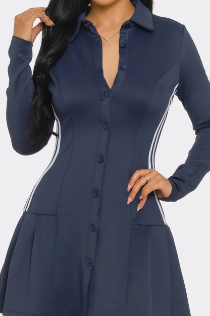 Navy collared pleated mini dress button detail