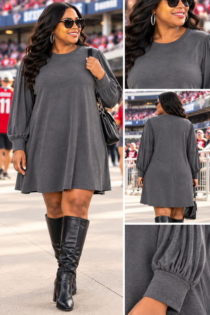 Charcoal swing dress styled for game day