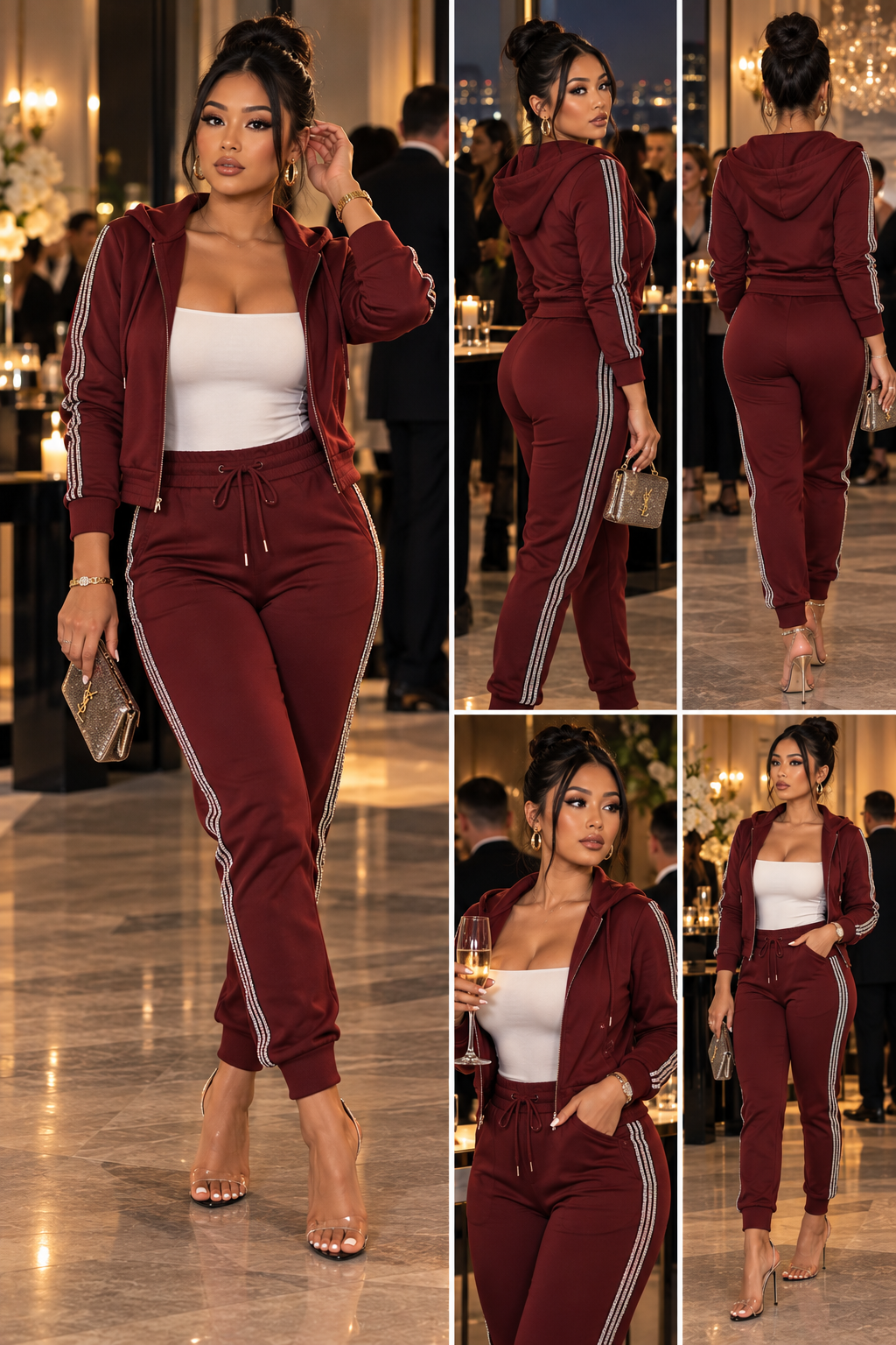 Burgundy Luxe Motion jogger set evening editorial look