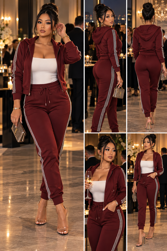 Burgundy Luxe Motion jogger set evening editorial look
