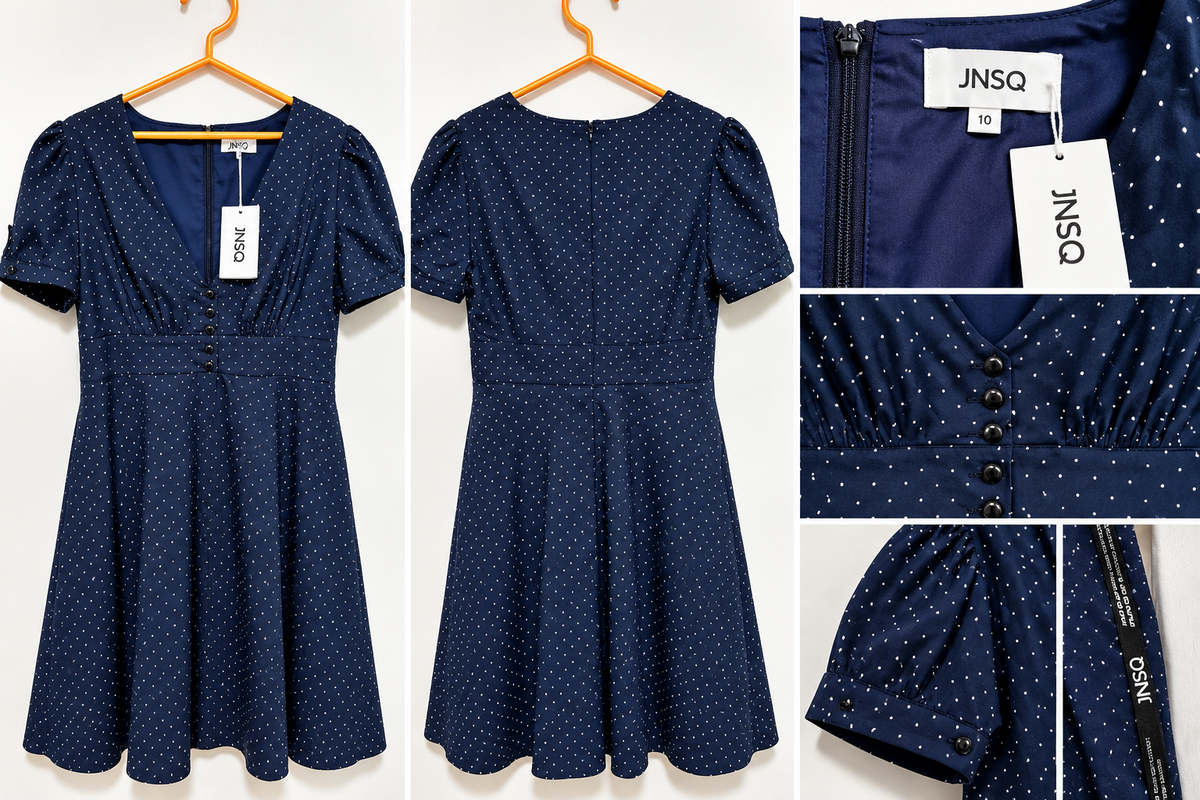JNSQ Navy Blue Polka Dot Puff Sleeve Fit & Flare Dress Size 10 NWT