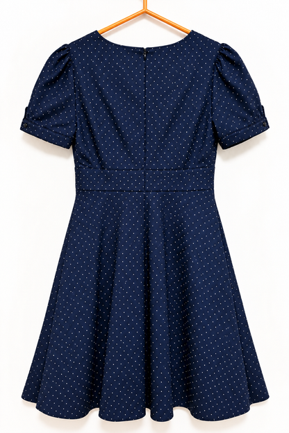 JNSQ Navy Blue Polka Dot Puff Sleeve Fit & Flare Dress Size 10 NWT