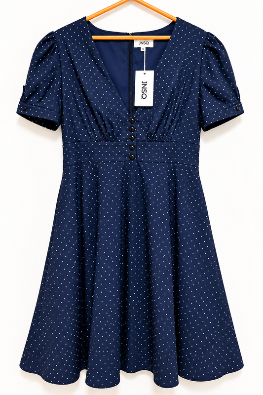 JNSQ Navy Blue Polka Dot Puff Sleeve Fit & Flare Dress Size 10 NWT