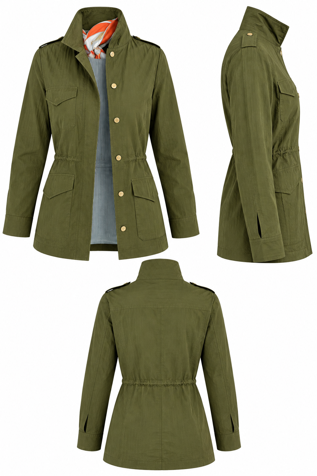 Multiple views of Gretchen Scott olive-green Military Jane jacket