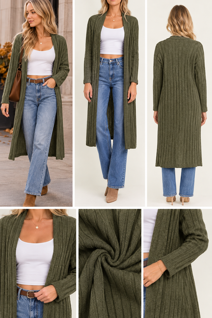 Open Front Ribbed Longline Cardigan – Olive
