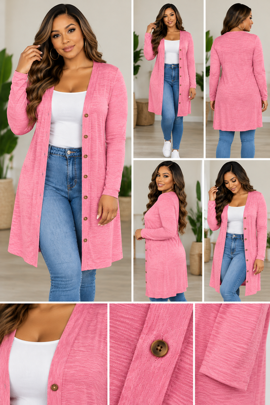 Women's Pink Long Button Casual Cardigan