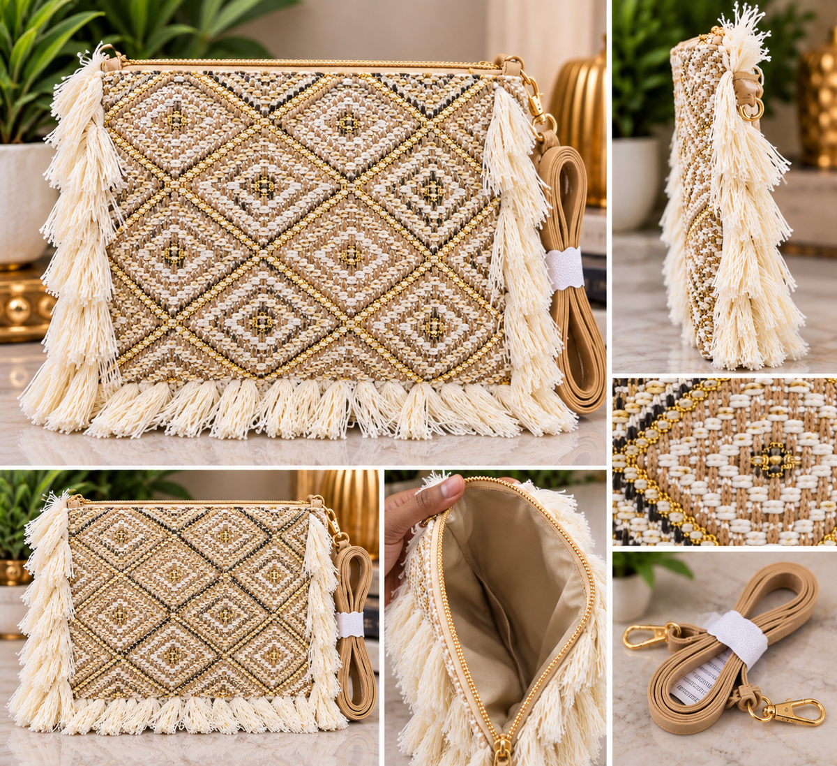 Geometric Woven Fringe Crossbody Bag – Cream & Black Options