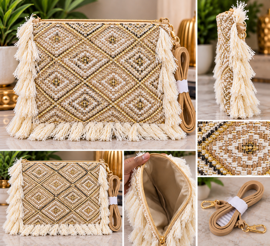 Geometric Woven Fringe Crossbody Bag – Cream & Black Options