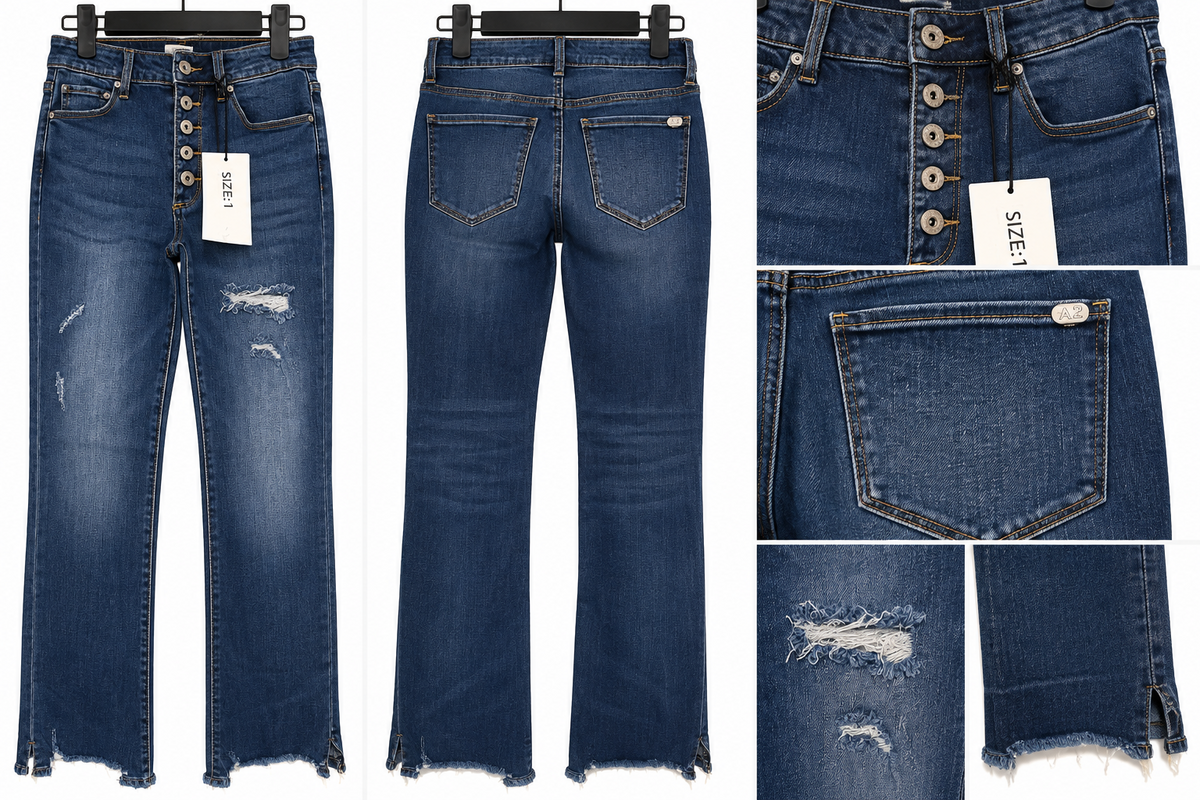 A2 Jeans button fly jeans front back and details