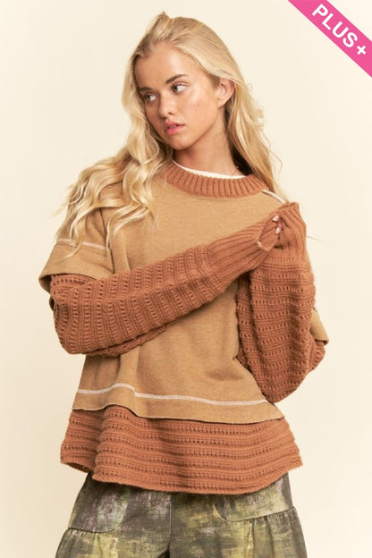 Davi & Dani Plus-Size Chunky Layered Ribbed Knit Trim Sweater Top – Tan
