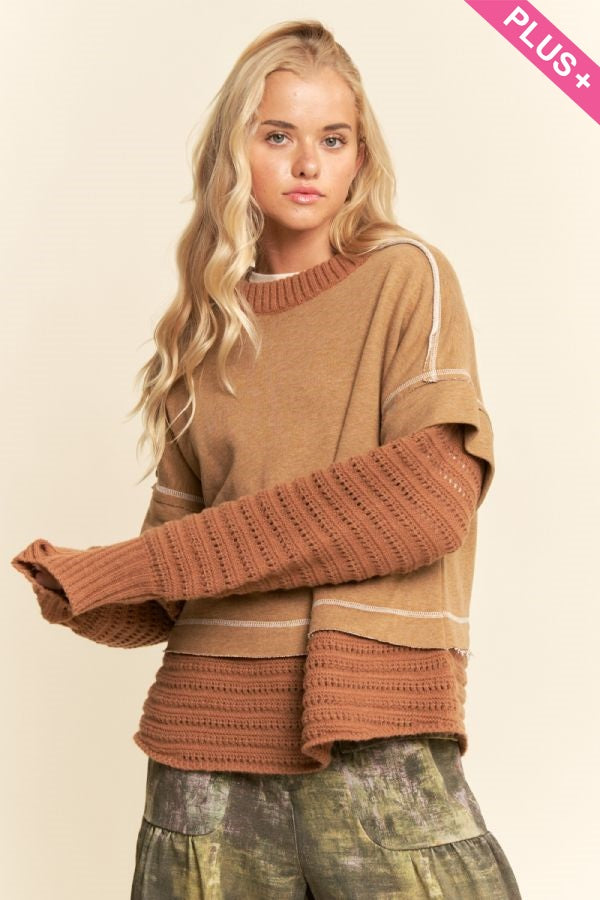 Davi & Dani Plus-Size Chunky Layered Ribbed Knit Trim Sweater Top – Tan