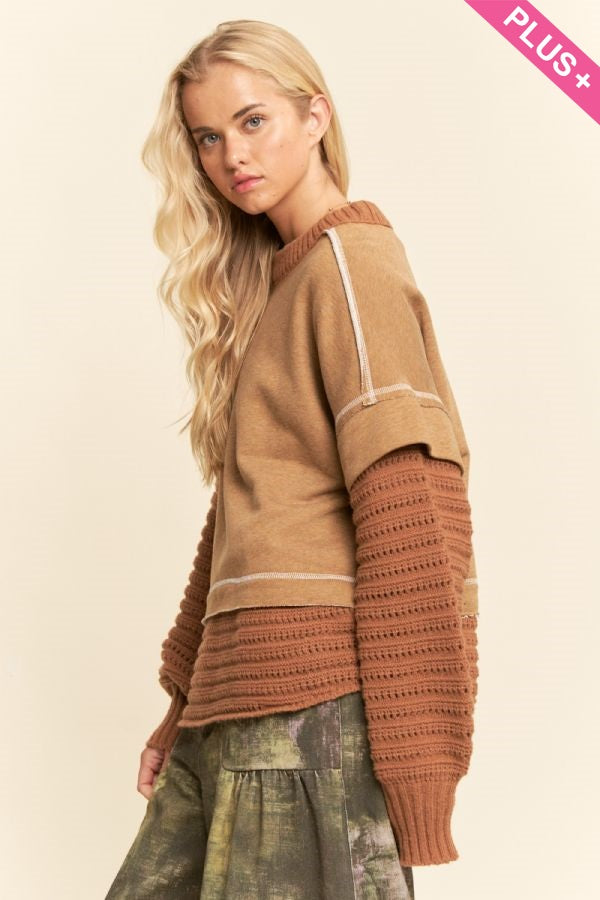 Davi & Dani Plus-Size Chunky Layered Ribbed Knit Trim Sweater Top – Tan