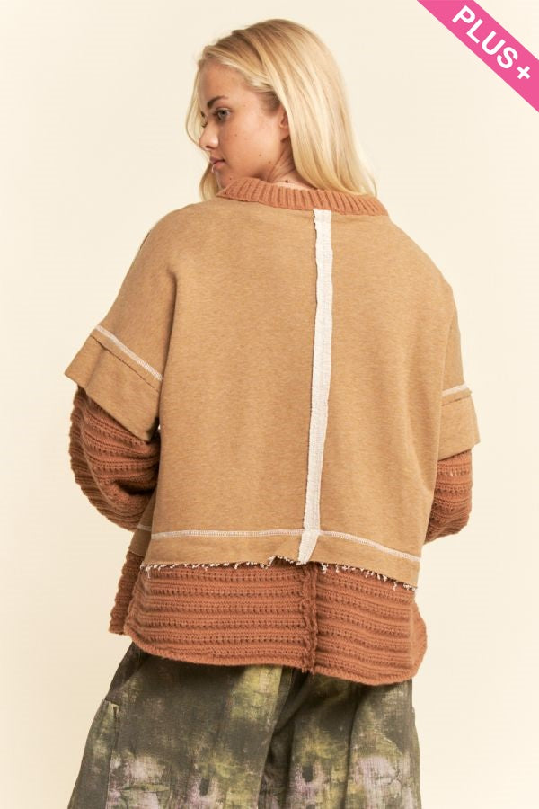 Davi & Dani Plus-Size Chunky Layered Ribbed Knit Trim Sweater Top – Tan